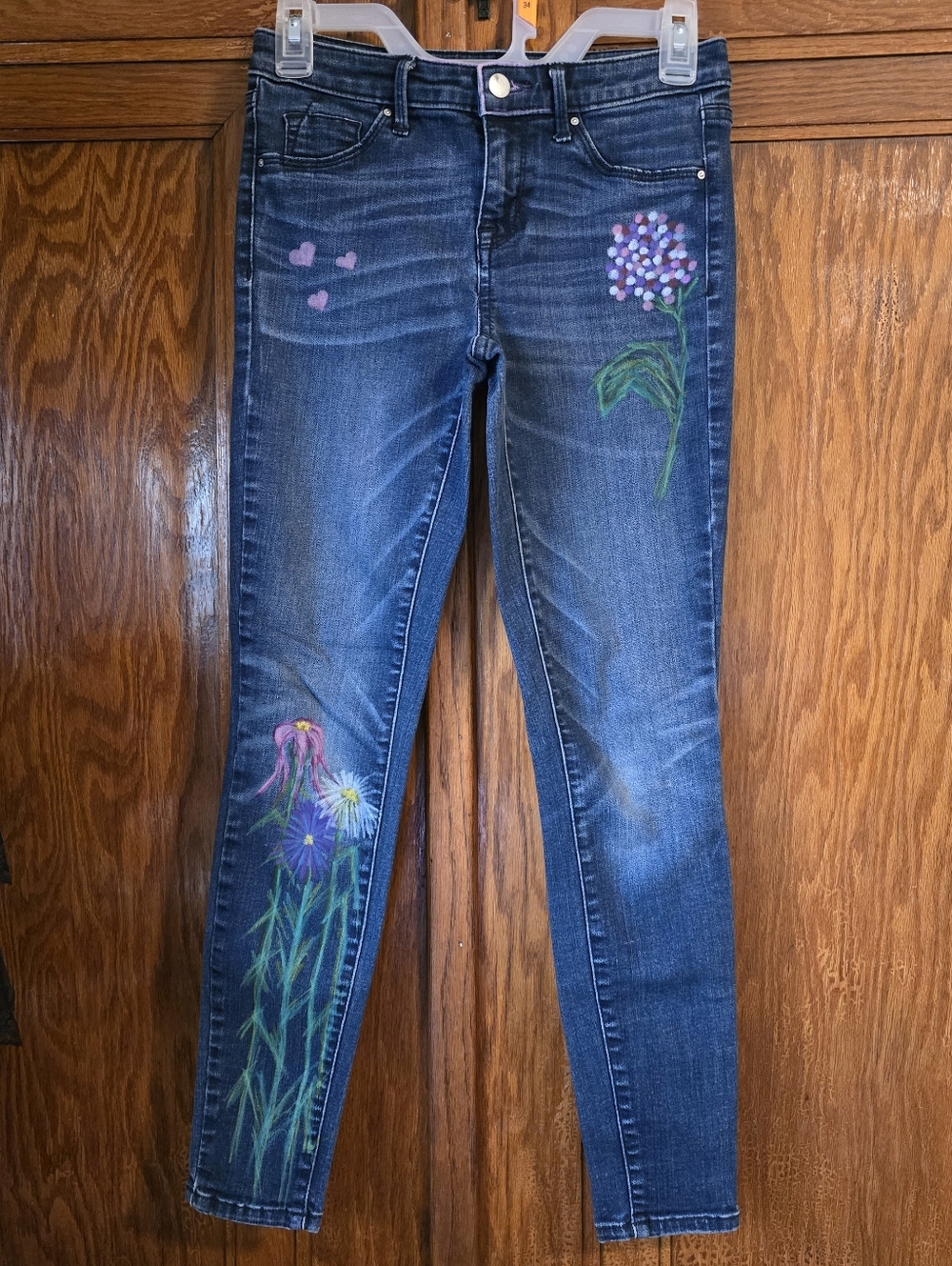 HANDCRAFTED Floral Boho Denim Bottoms HANDPAINTED Upcycled Skinny Jeans Size 0
